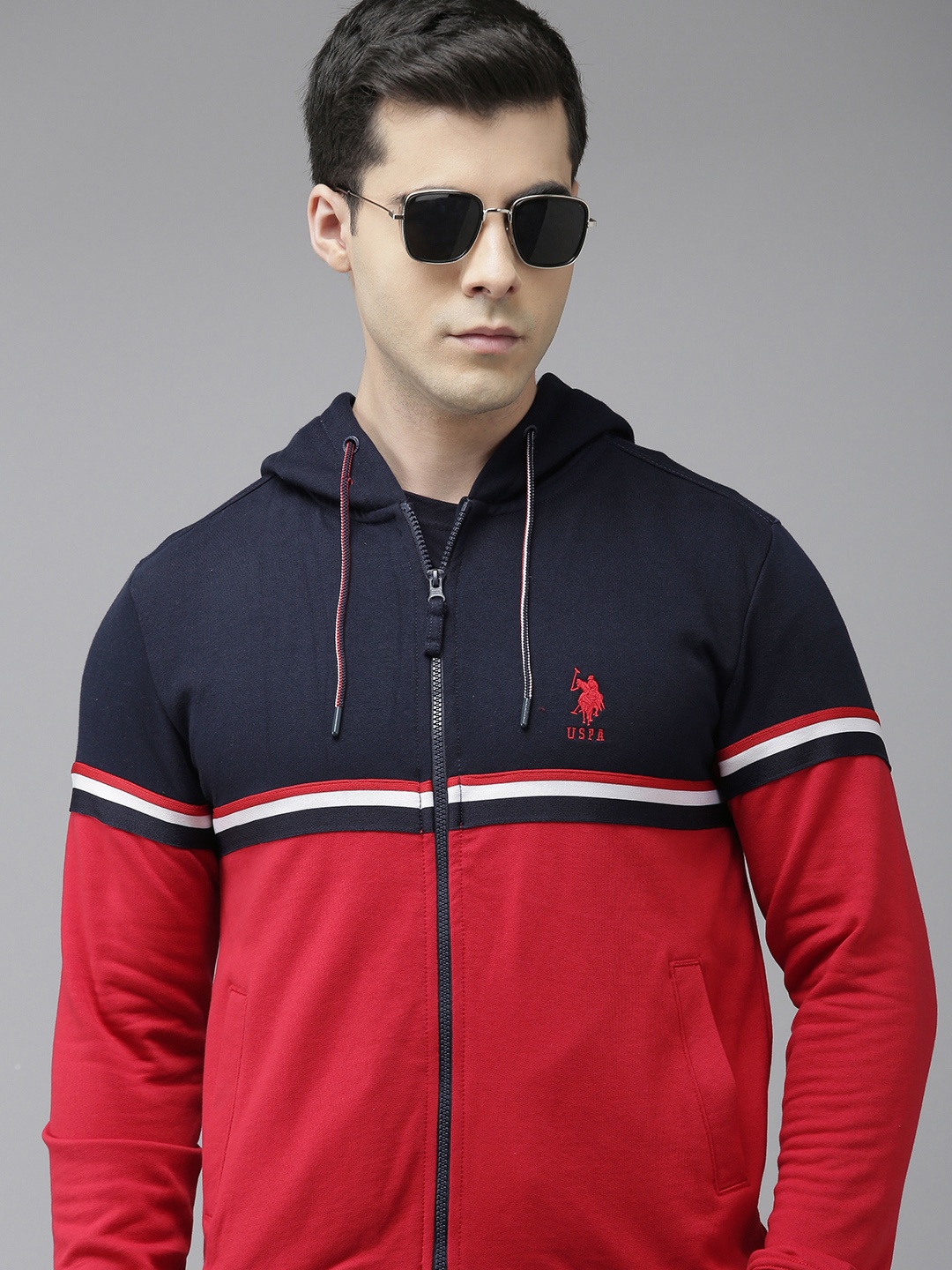 

U S Polo Assn Men Navy Blue & Red Colourblocked Hooded Sweatshirt