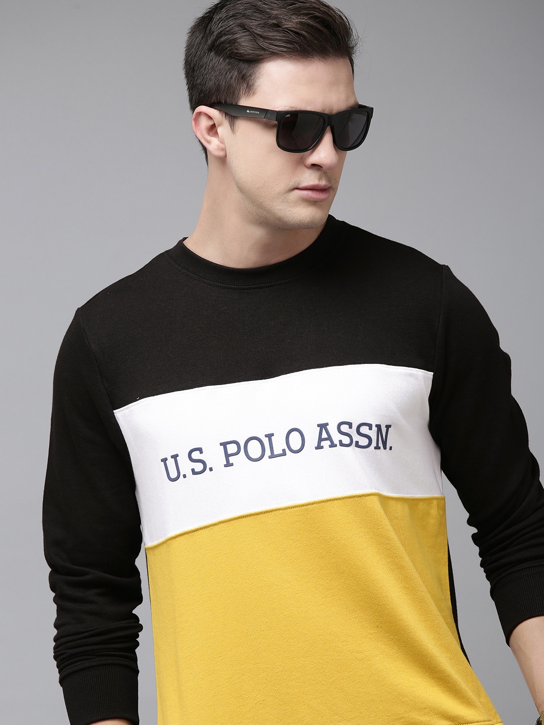 

U.S. Polo Assn. Men Black & Yellow Colourblocked Sweatshirt