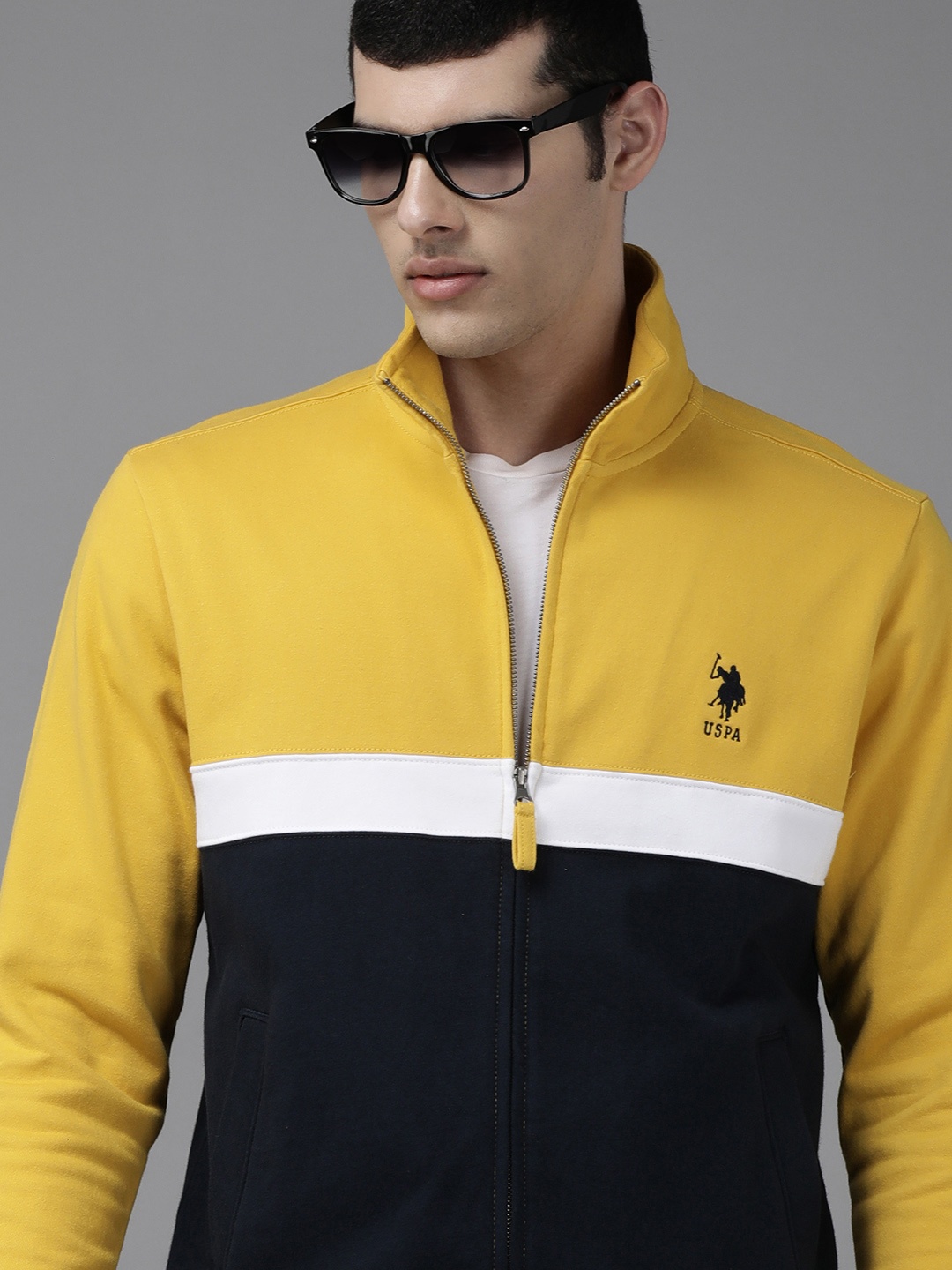 

U.S. Polo Assn. Men Yellow & Navy Blue Colourblocked Pure Cotton Sweatshirt