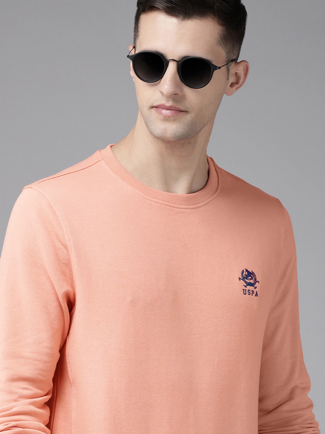 U.S. Polo Assn. Men Peach Pink Solid Sweatshirt With Brand Logo Embroidered Detail