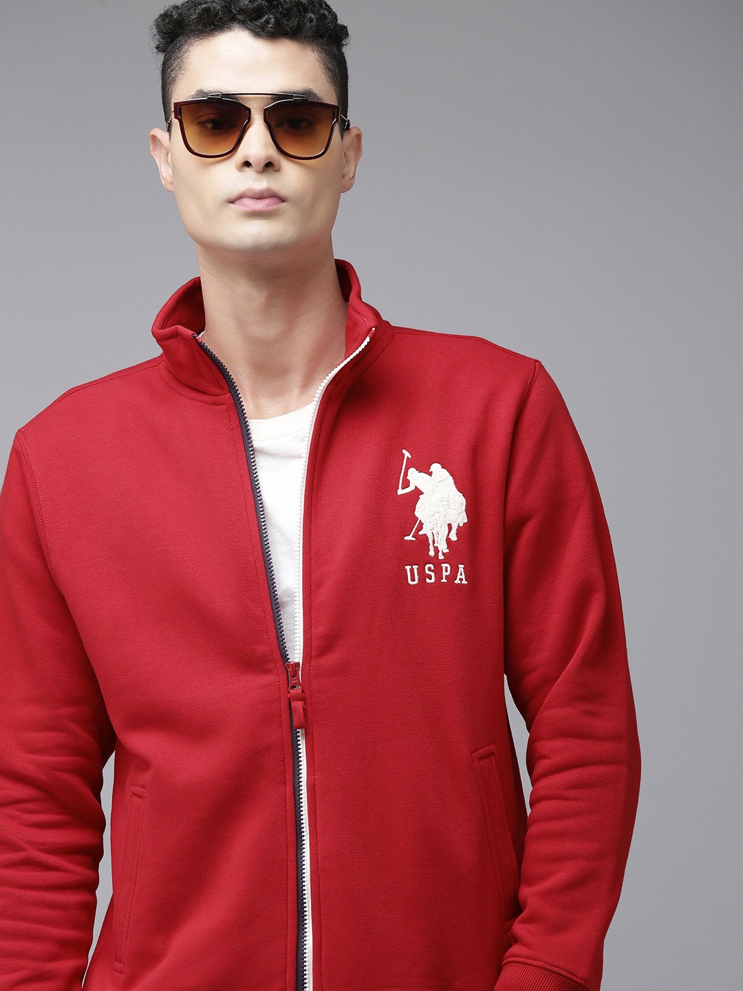 

U S Polo Assn Men Red Full Sleeves Front Open Sweatshirt