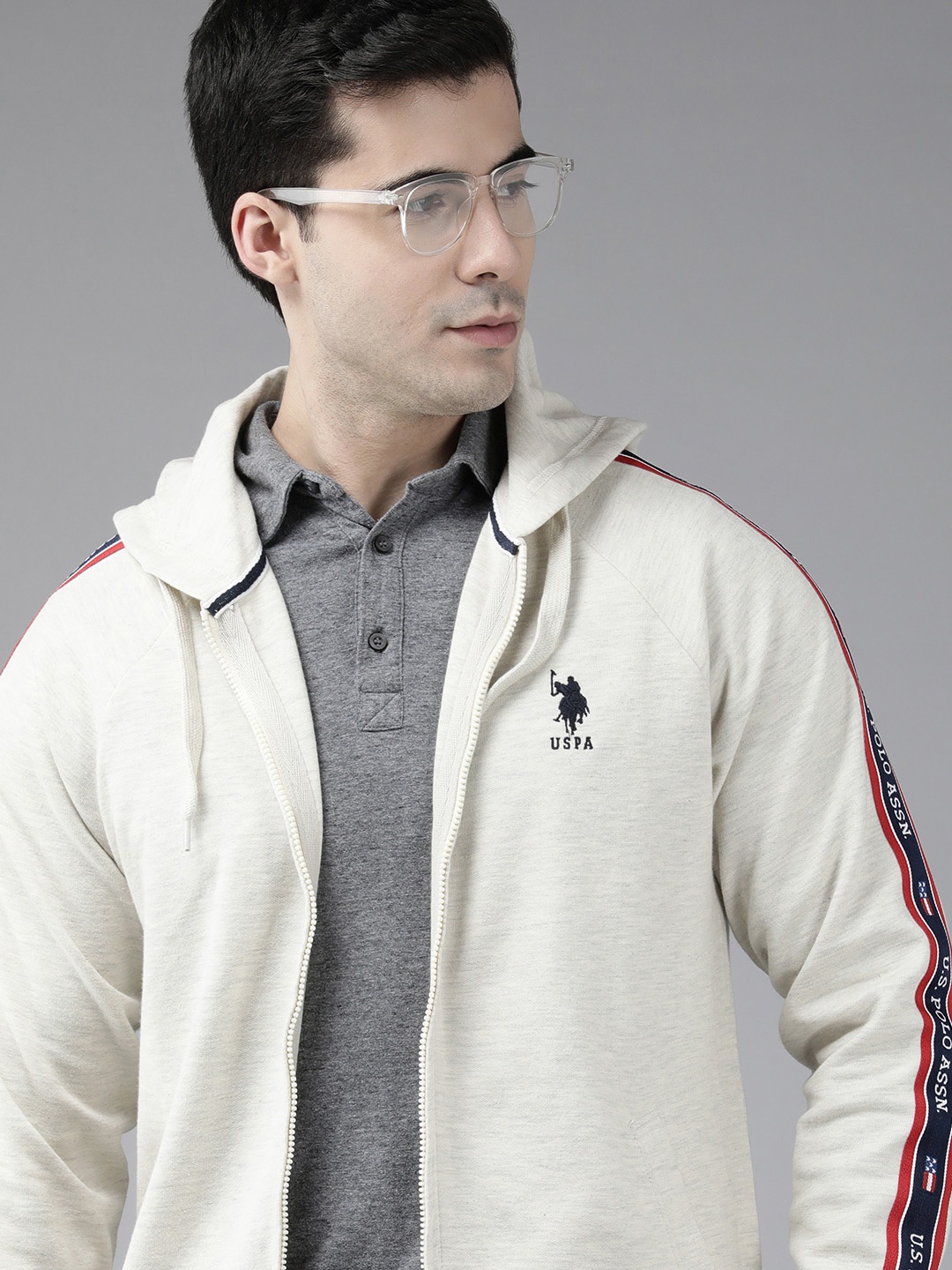 

U S Polo Assn Men Off White Brand Logo Embroidered Hooded Sweatshirt With Side Stripes