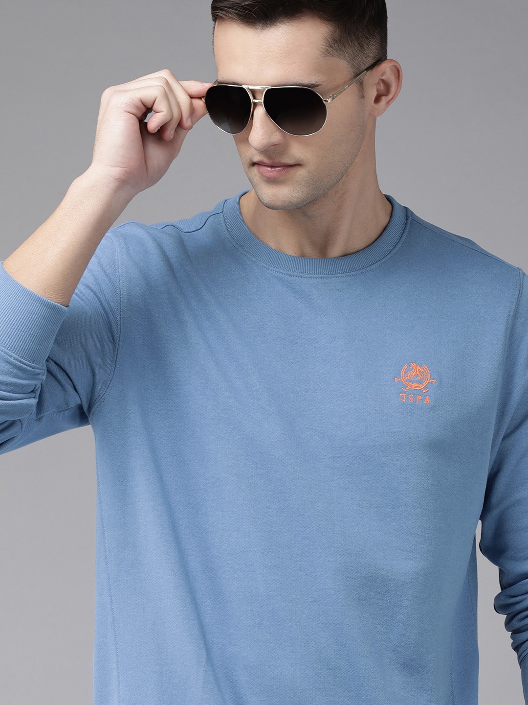 U.S. Polo Assn. Men Blue Solid Sweatshirt With Brand Logo Embroidered Detail