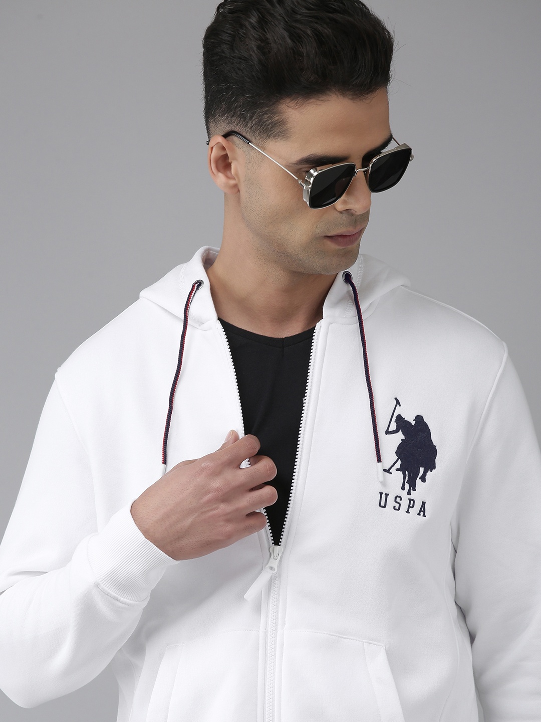 

U S Polo Assn Men White Hooded Full Sleeve Front Open Sweatshirt