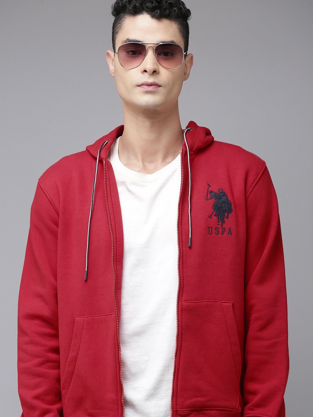 

U S Polo Assn Men Red Hooded Full Sleeves Front Open Sweatshirt