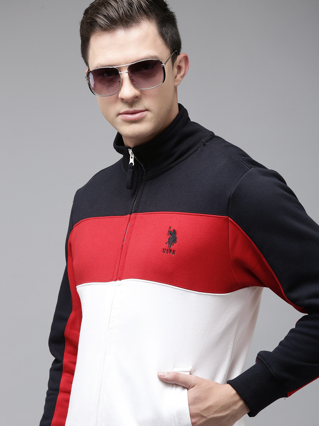 

U.S. Polo Assn. Men Navy Blue & Red Colourblocked Sweatshirt