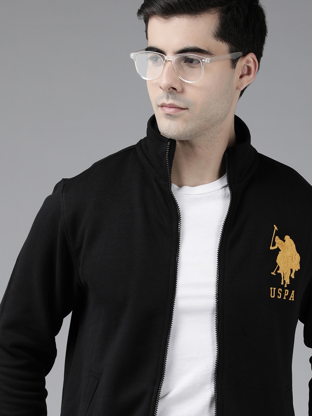 

U S Polo Assn Men Black Brand Logo Embroidered Front-Open Sweatshirt