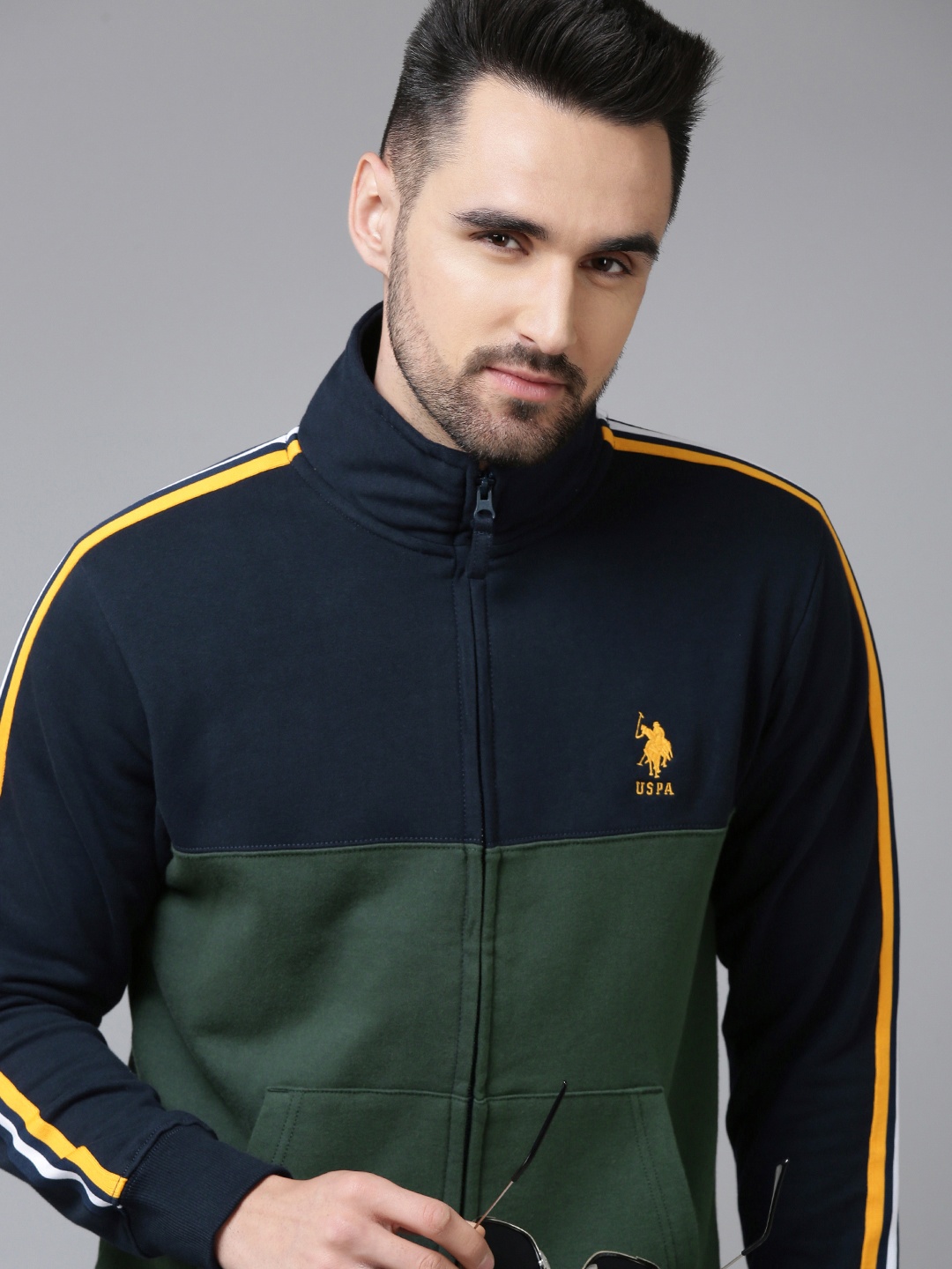 

U.S. Polo Assn. Men Navy Blue & Olive Green Colourblocked Pure Cotton Sweatshirt