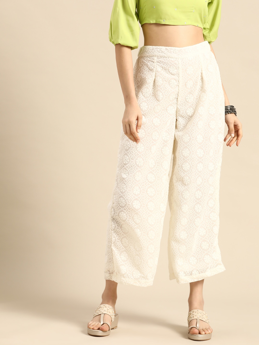 

Sangria Women White Floral Embroidered Ethnic Palazzos