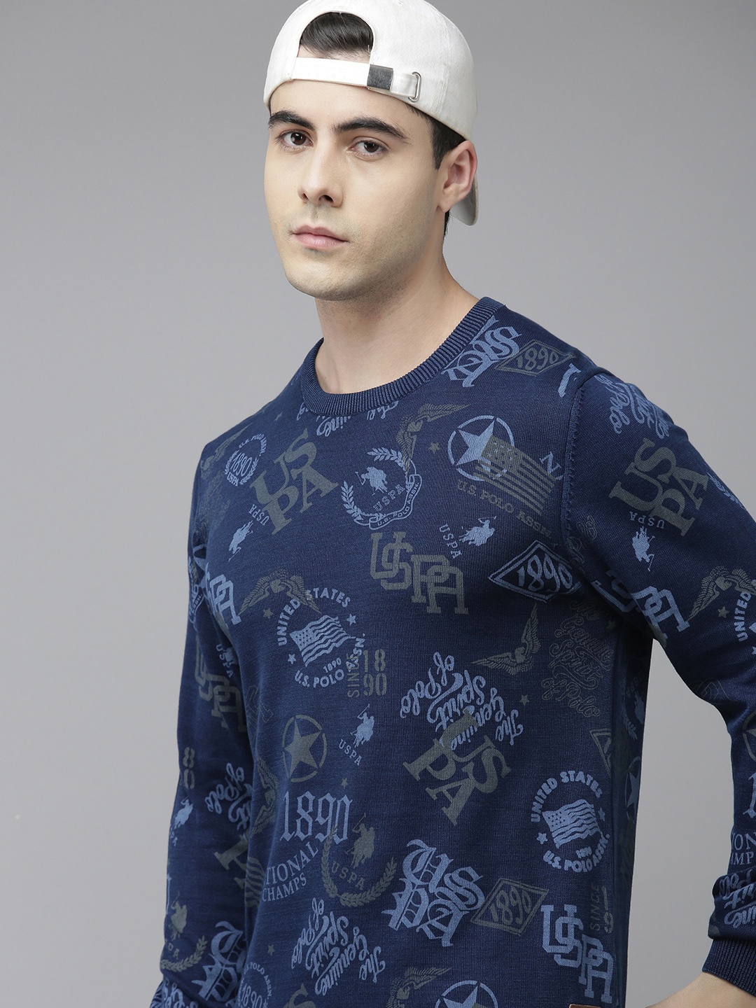 

U S Polo Assn Denim Co Men Blue Graphic Printed Pure Cotton Pullover Sweater