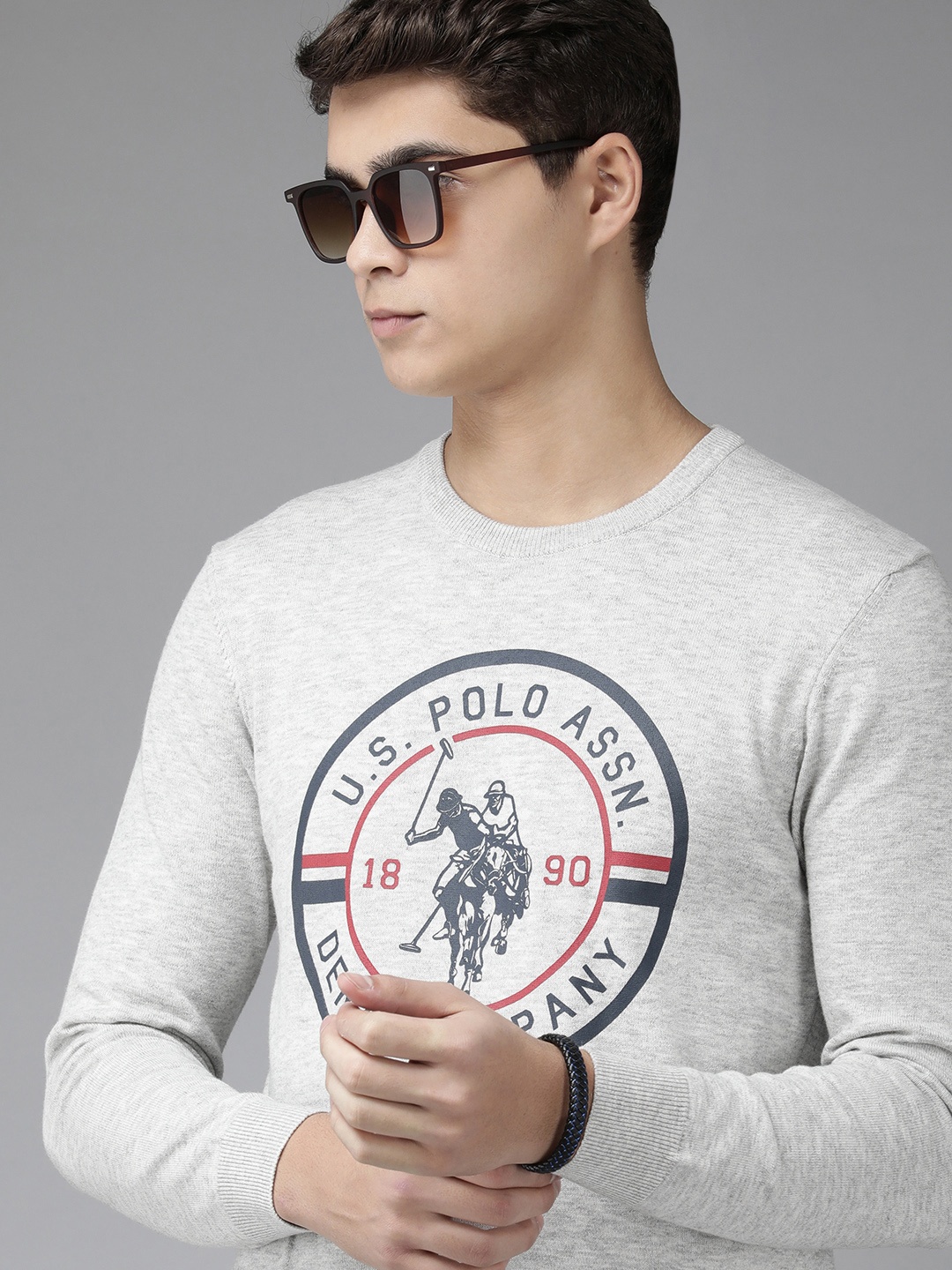U.S. Polo Assn. Denim Co. Men Grey Melange Brand Logo Print Pullover
