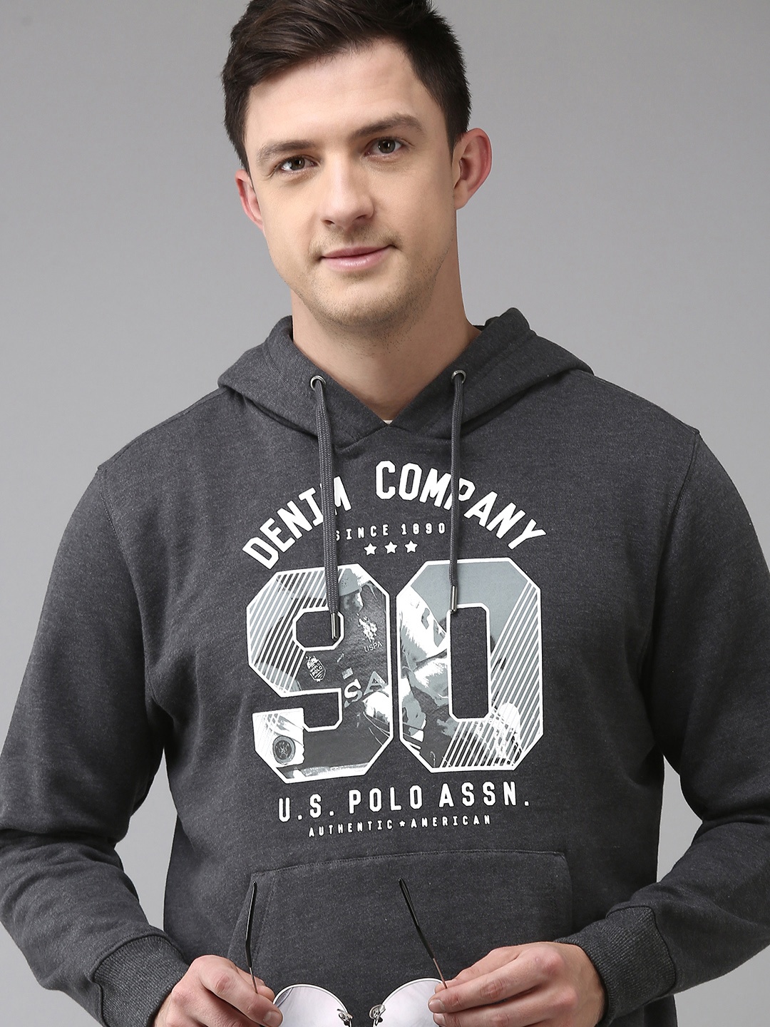 

U S Polo Assn Denim Co Men Charcoal Printed Hooded Sweatshirt