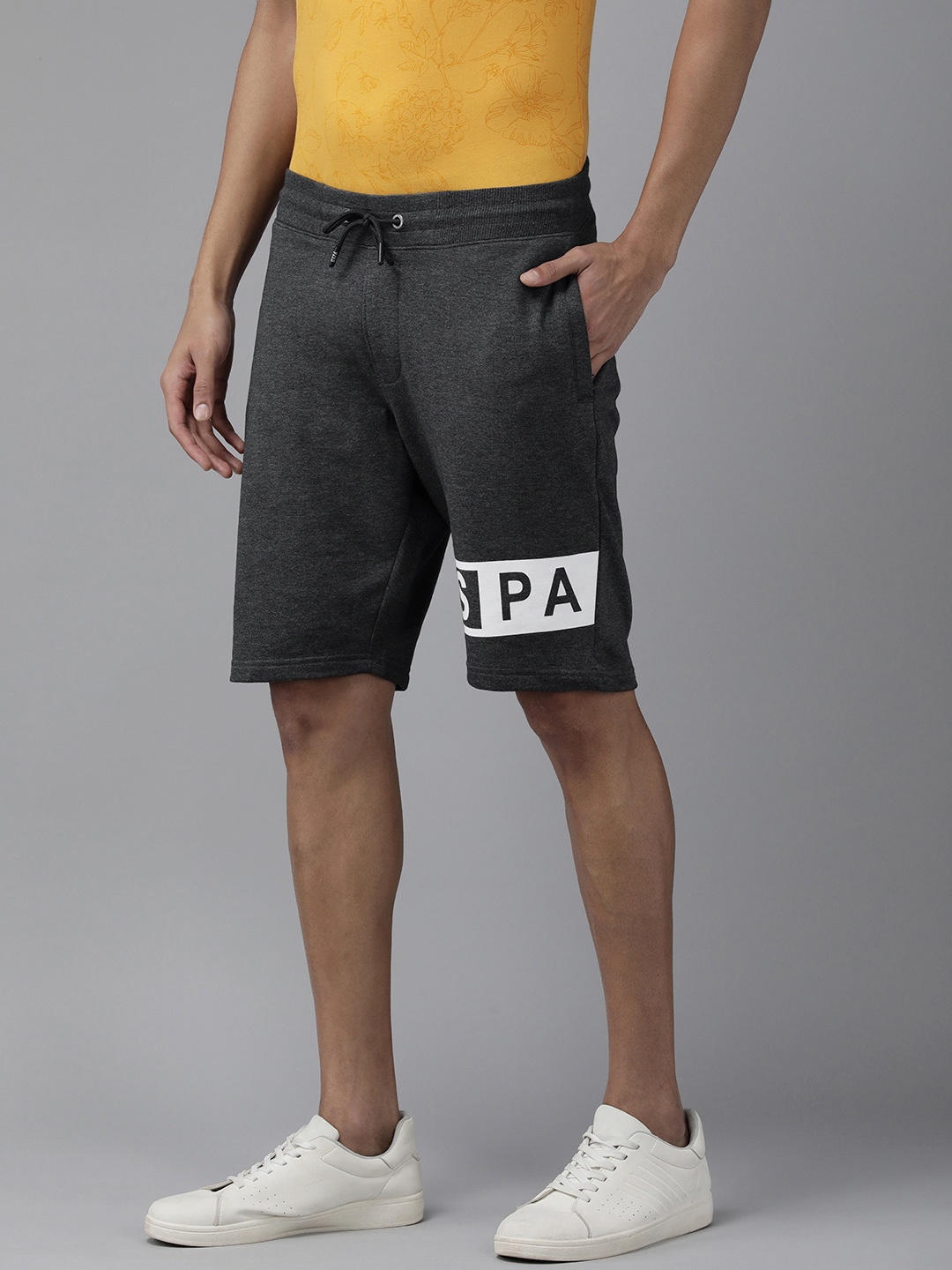 

U S Polo Assn Denim Co Men Charcoal Grey Typography Printed Regular Shorts