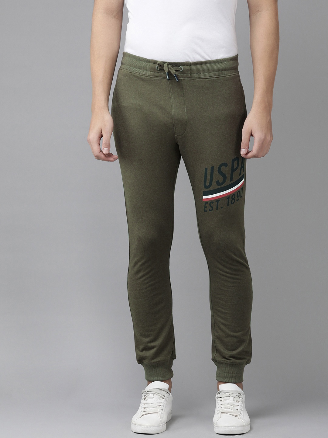 

U.S. Polo Assn. Denim Co. Men Olive Green Solid Mid-Rise Knitted Joggers With Print Detail