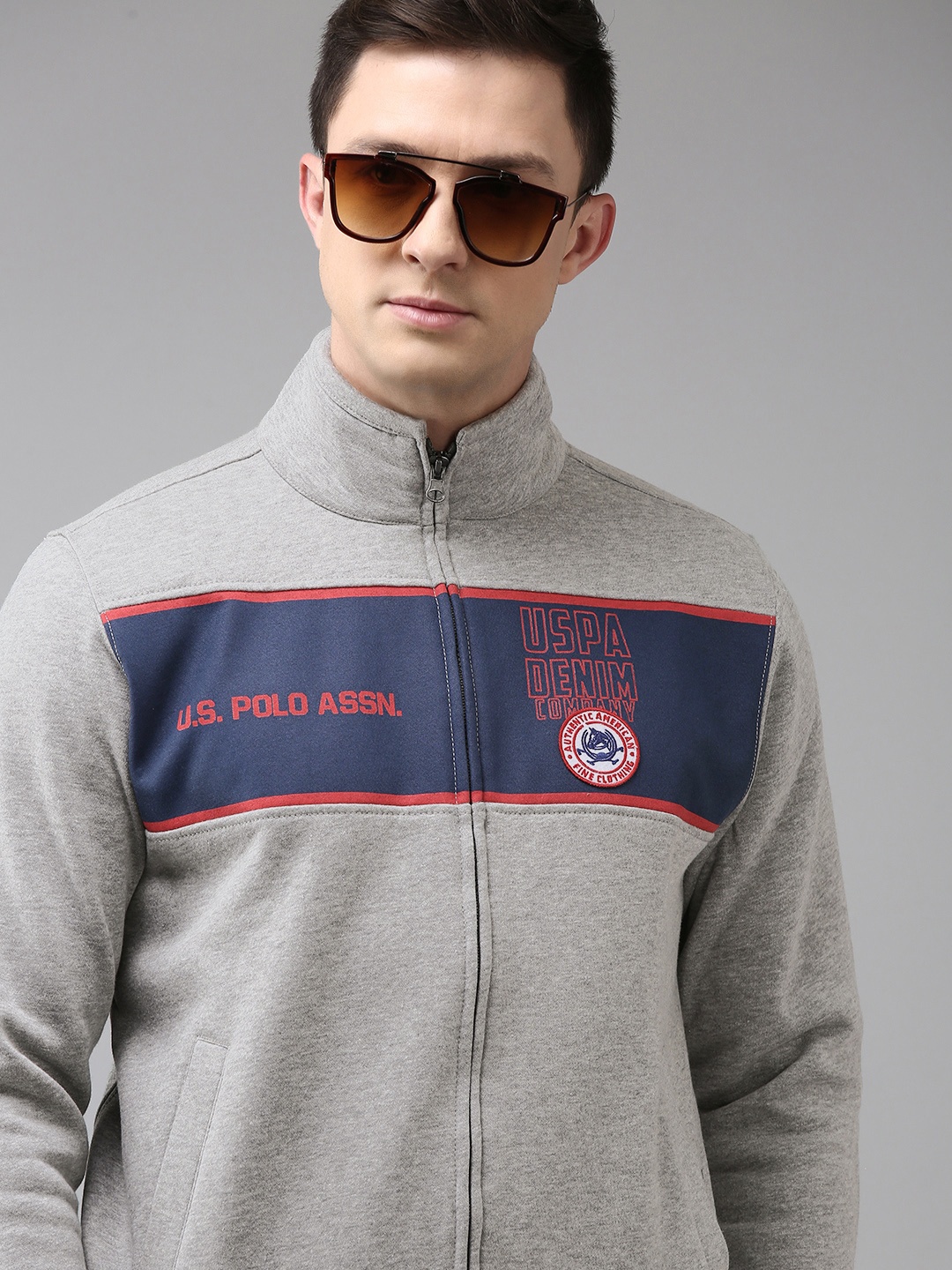 

U.S. Polo Assn. Denim Co. Men Grey & Navy Blue Colourblock Printed Sweatshirt
