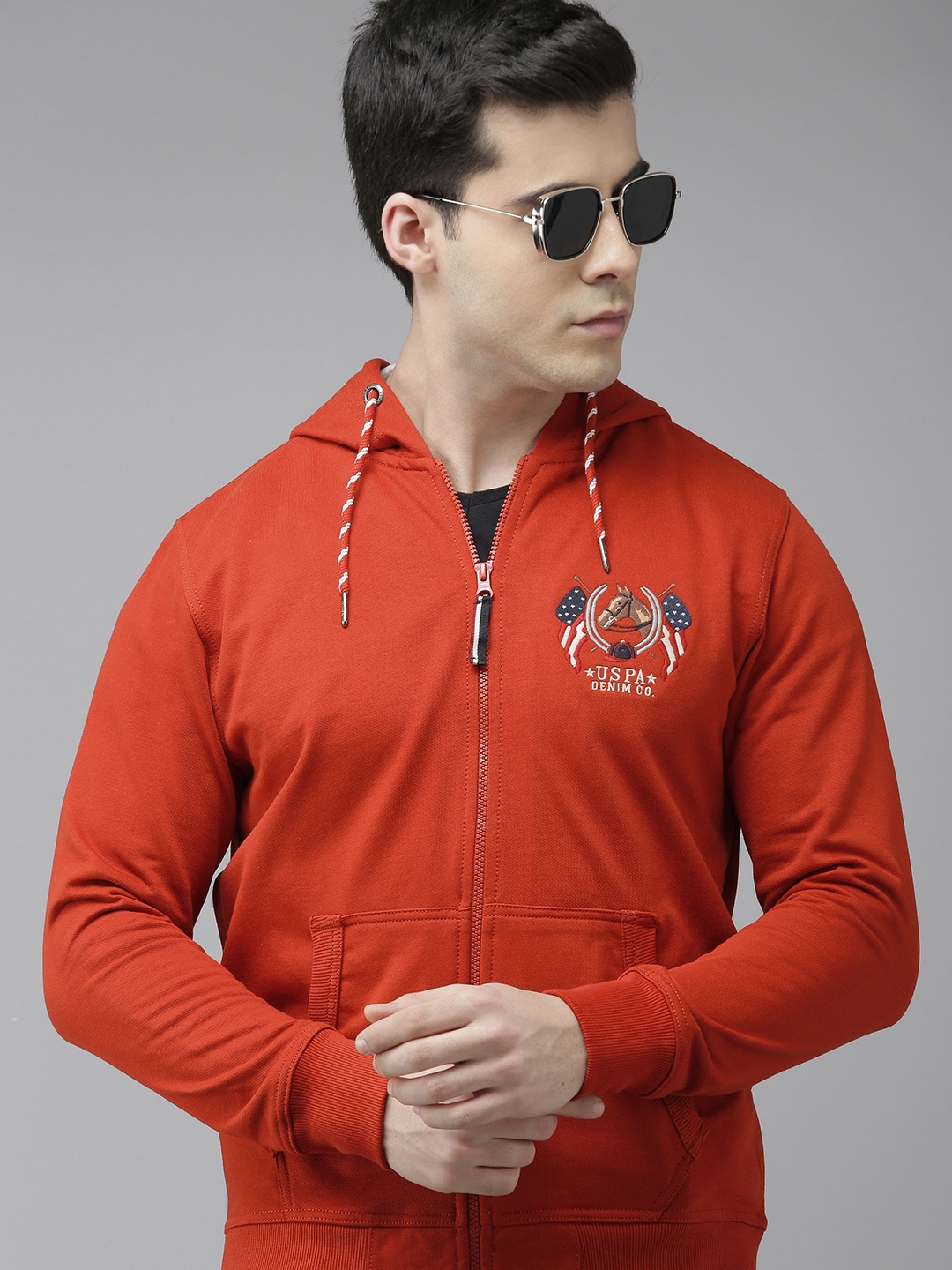 

U.S. Polo Assn. Denim Co. Men Red Hooded Brand Logo Sweatshirt