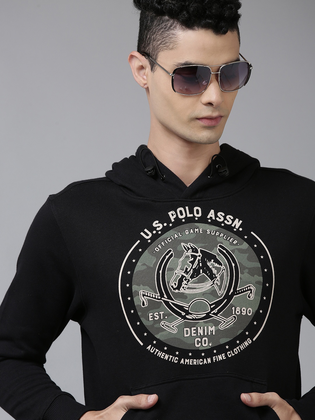 

U.S. Polo Assn. Denim Co. Men Black Printed Hooded Pure Cotton Sweatshirt