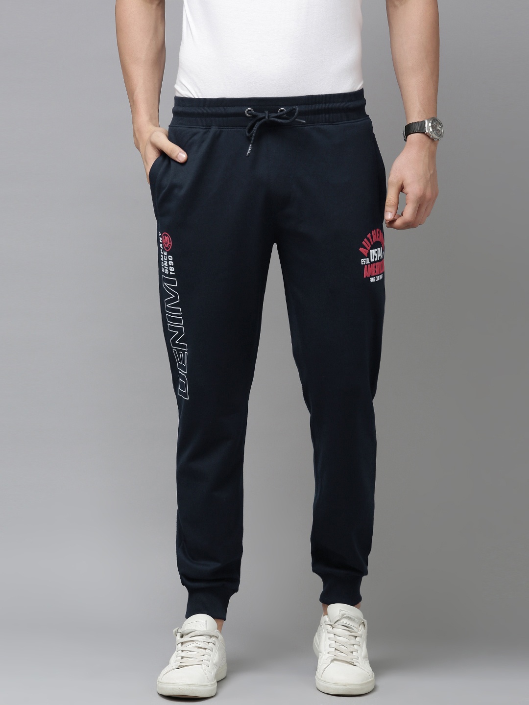 

U.S. Polo Assn. Denim Co. Men Navy Blue Brand Logo Printed Applique Knitted Joggers
