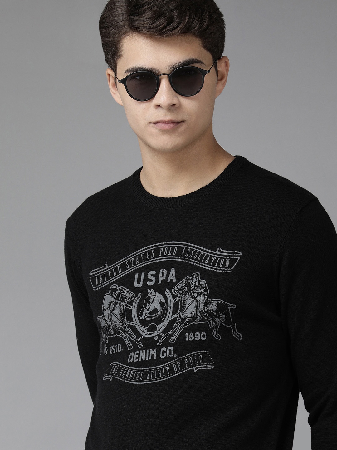 

U S Polo Assn Denim Co Men Black Full Sleeve Round Neck Printed Pullover Sweater