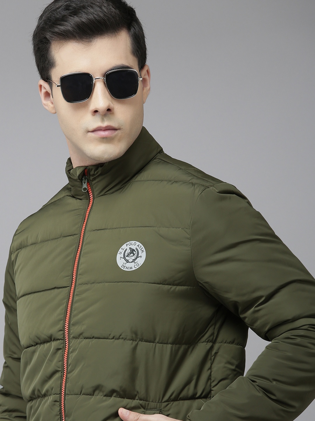 

U.S. Polo Assn. Men Olive Green Solid Puffer Jacket With Brand Logo Detail