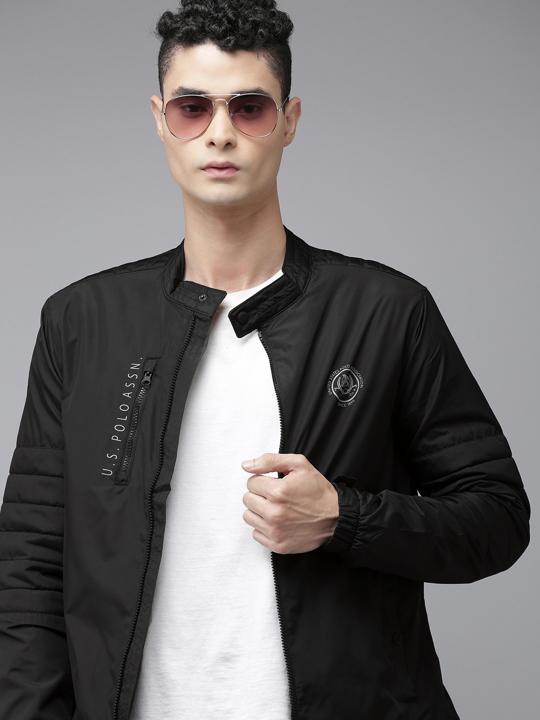 

U.S. Polo Assn. Men Black Solid Biker Jacket with Minimal Brand Logo Print