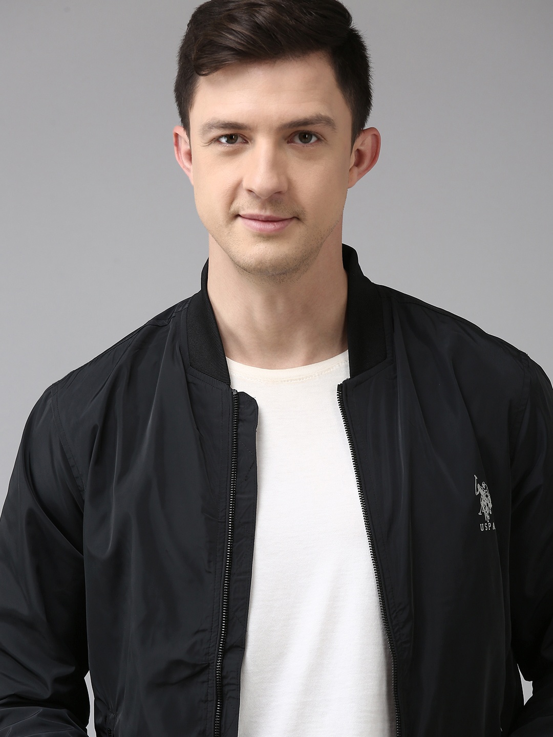 

U.S. Polo Assn. Men Black Solid Brand Logo Bomber Jacket