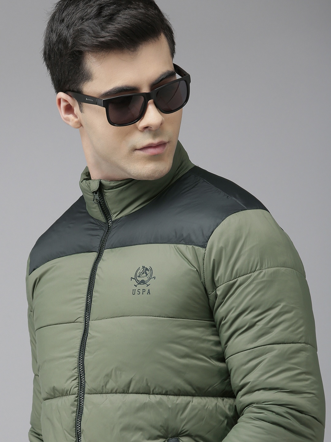 

U S Polo Assn Men Olive Green And Navy Blue Colourblocked Puffer Jacket