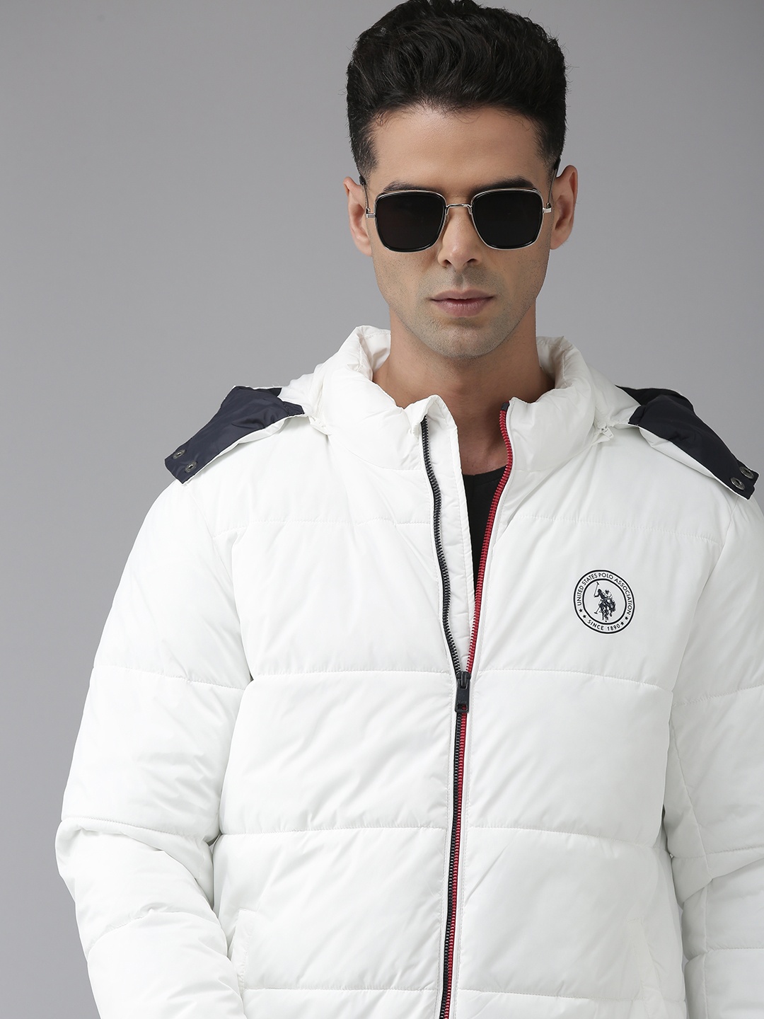 

U S Polo Assn Men White Solid Padded Jacket With Detachable Hood