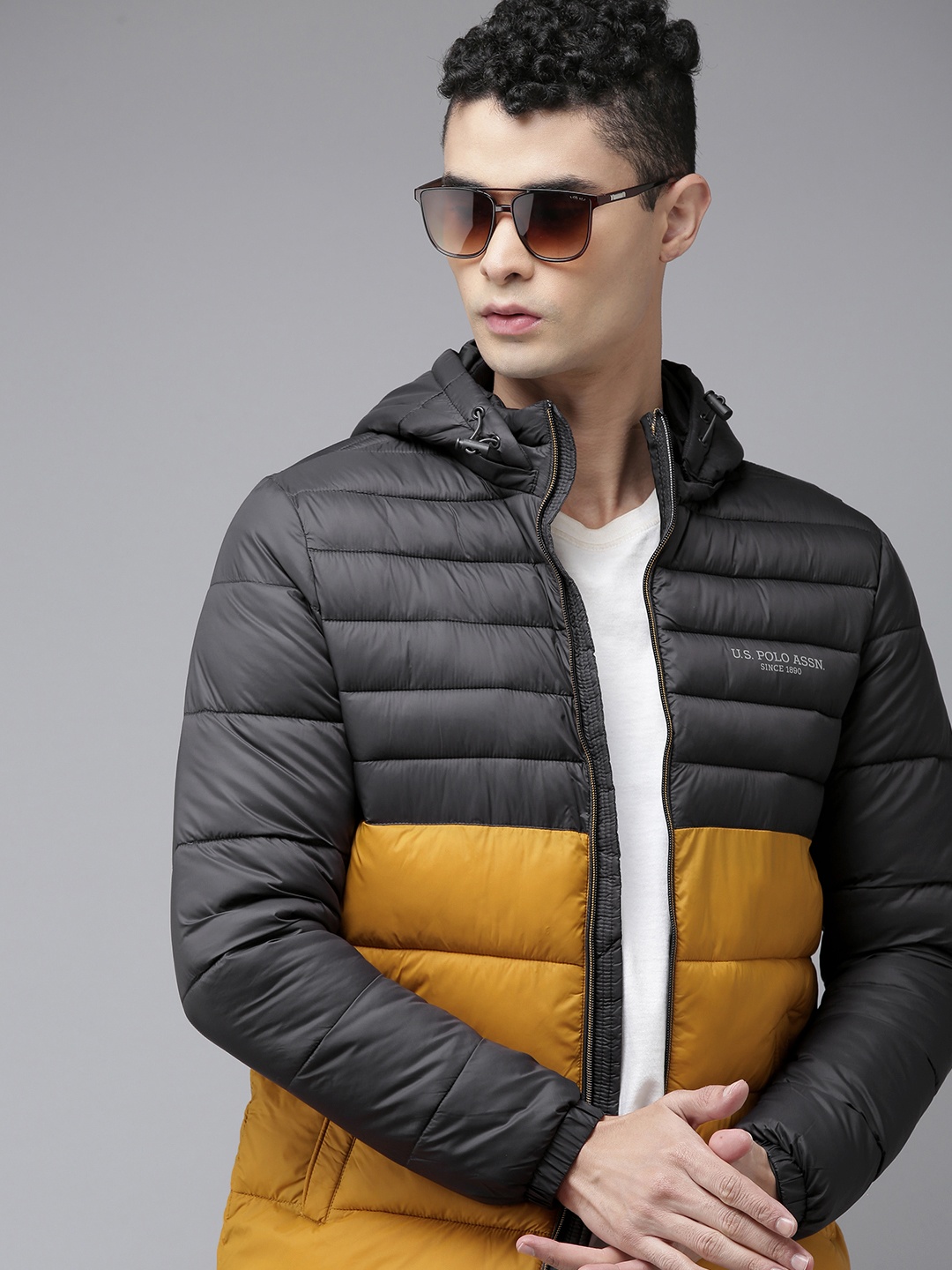 

U S Polo Assn Men Navy Blue & Mustard Yellow Colourblocked Puffer Jacket