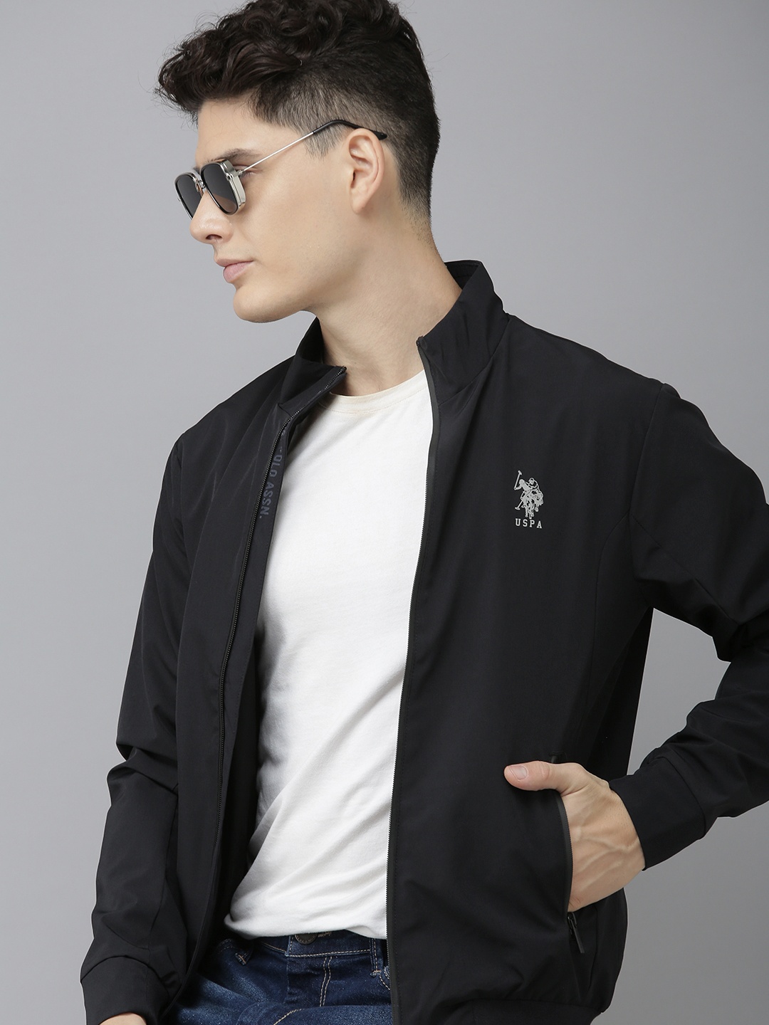 

U S Polo Assn Men Black Brand Logo Long Sleeves Bomber Jacket