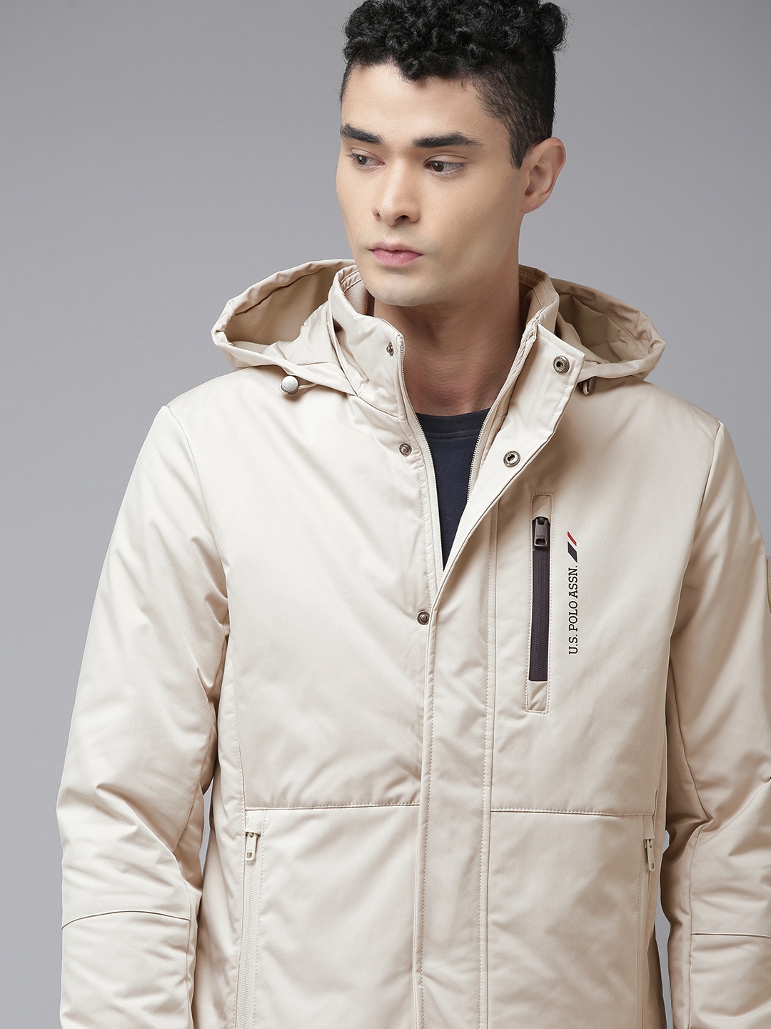 

U S Polo Assn Men Beige Solid Hooded Padded Jacket