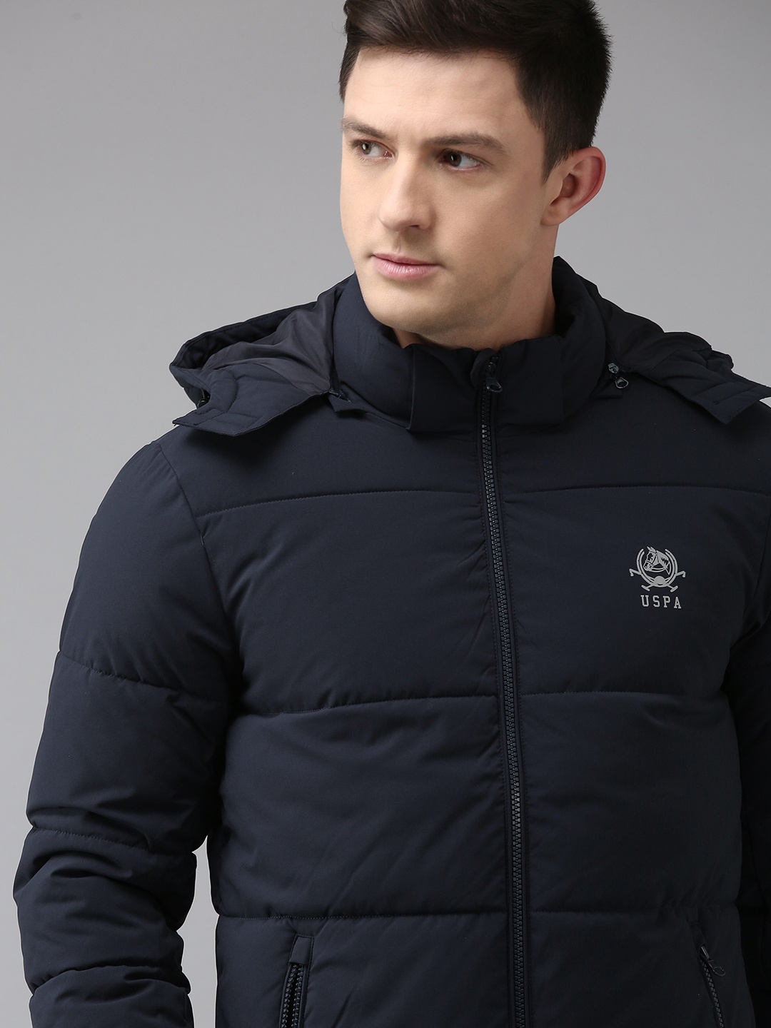 

U S Polo Assn Men Navy Blue Solid Long Sleeves Hooded Puffer Jacket