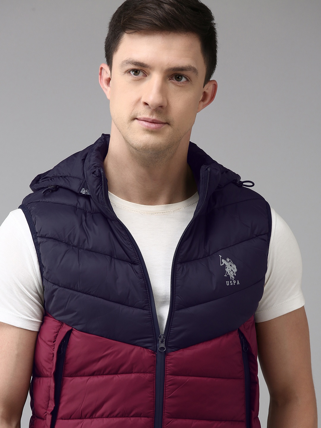 

U.S. Polo Assn. Men Navy Blue Maroon Colourblocked Puffer Jacket