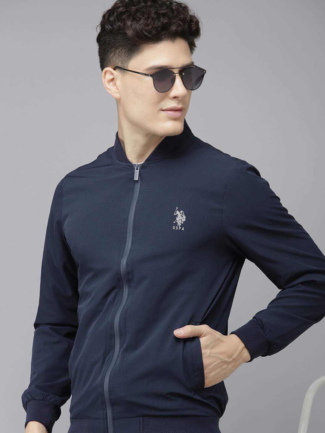 

U S Polo Assn Men Blue Brand Logo Printed Bomber Jacket