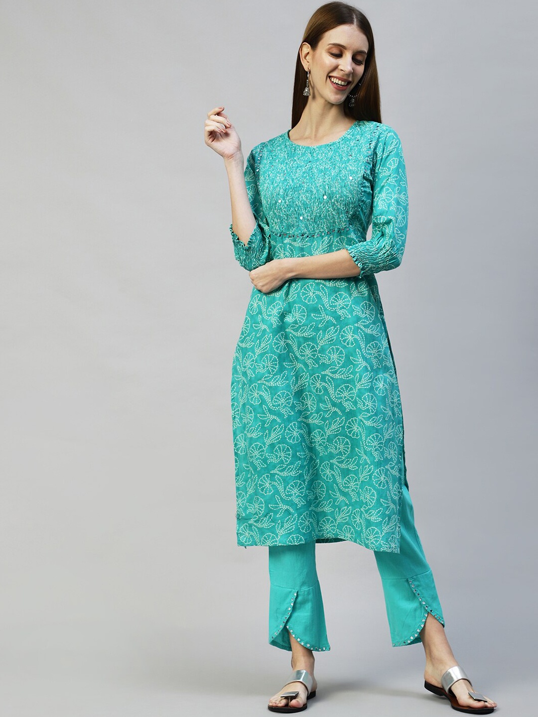 

FASHOR Women Turquoise Blue Floral Printed Pure Cotton Kurta with Trousers