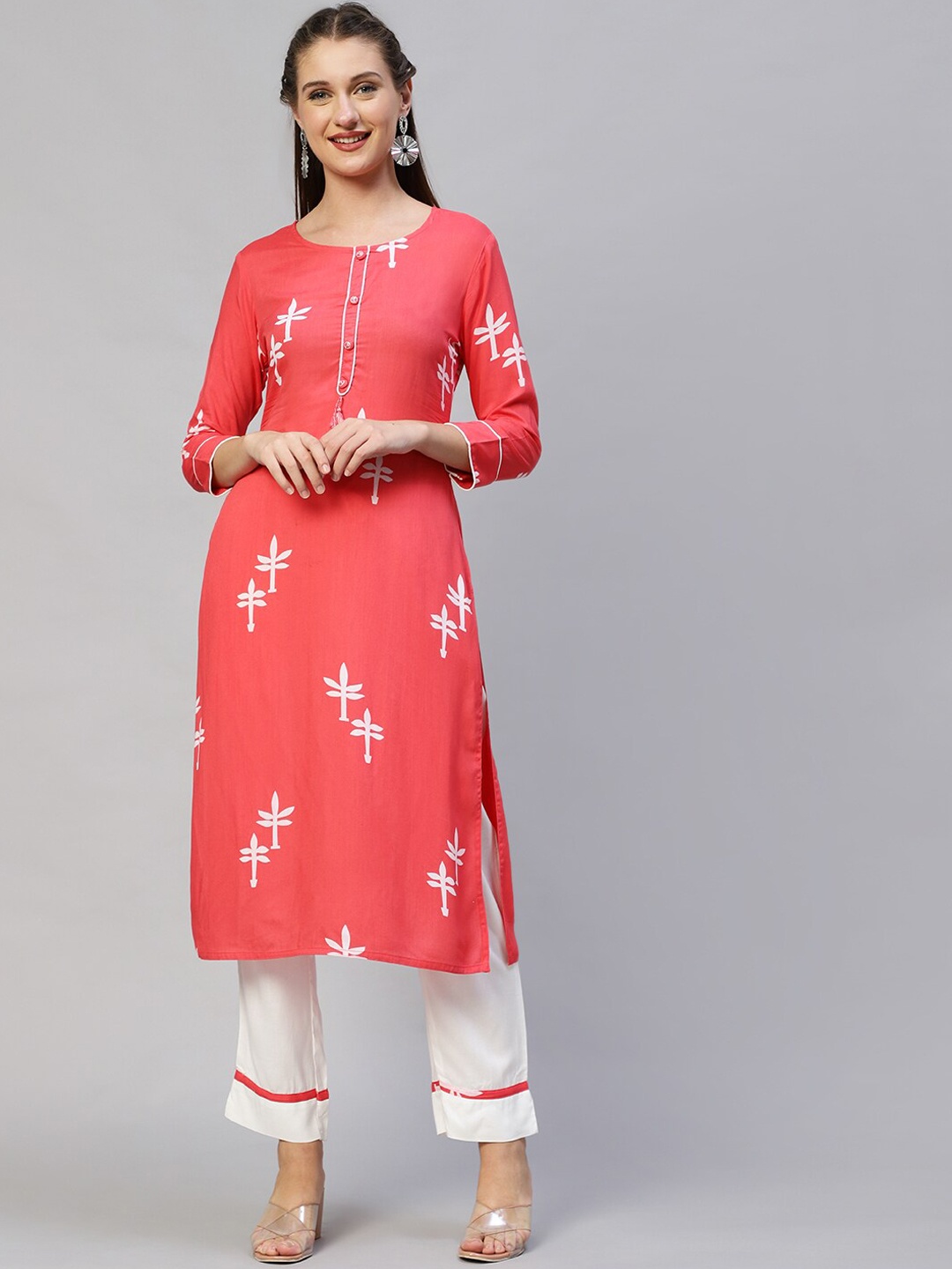 

FASHOR Women Peach-Coloured Embroidered Kurta with Trousers