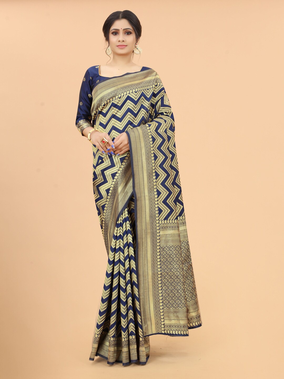 

WELL WORN Navy Blue & Gold-Toned Woven Design Zari Silk Cotton Banarasi Saree