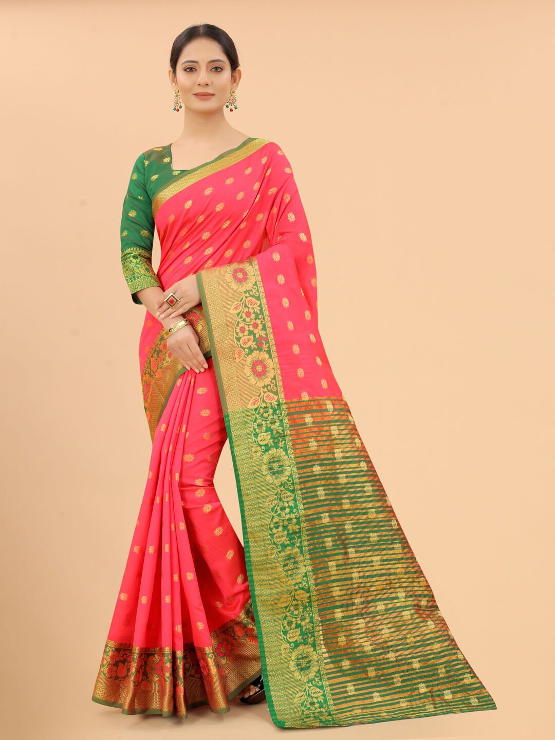 

WELL WORN Pink & Green Woven Design Zari Silk Cotton Banarasi Saree