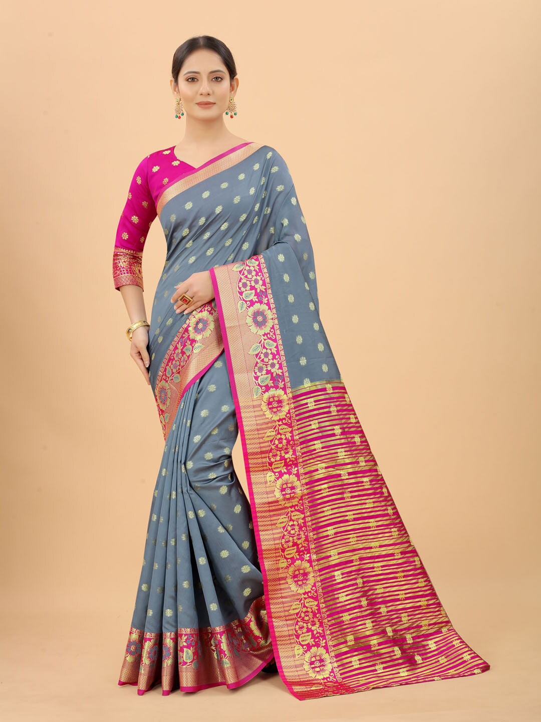 

WELL WORN Grey & Pink Woven Design Zari Silk Cotton Banarasi Saree