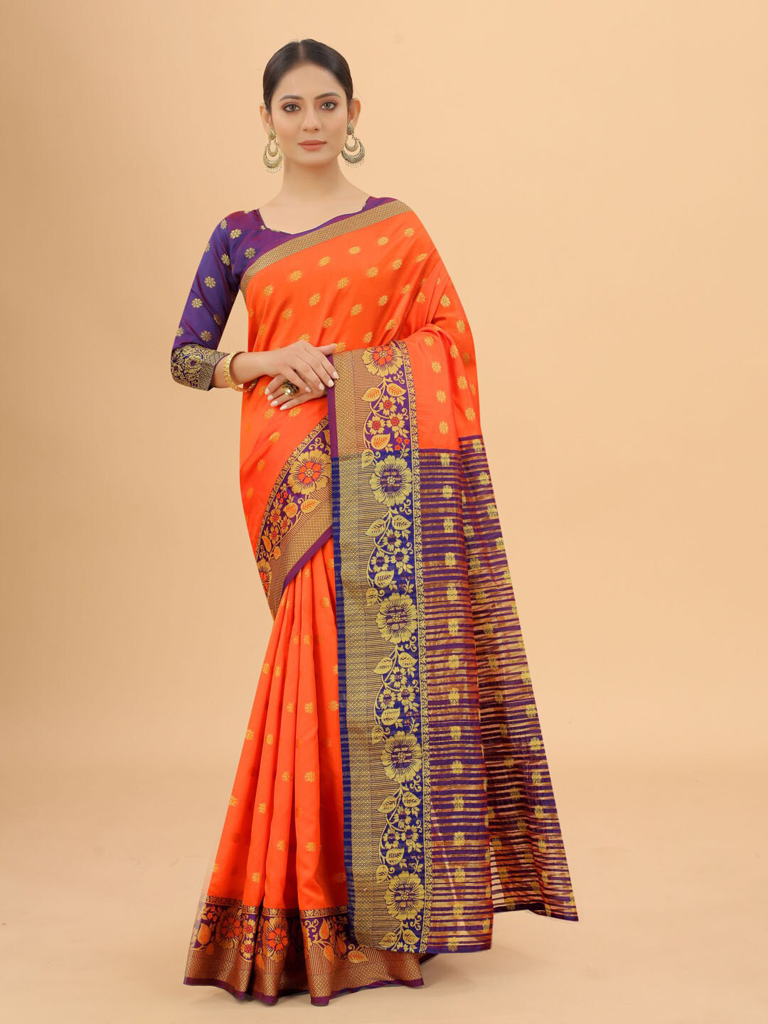 

WELL WORN Orange & Purple Woven Design Zari Silk Cotton Banarasi Saree