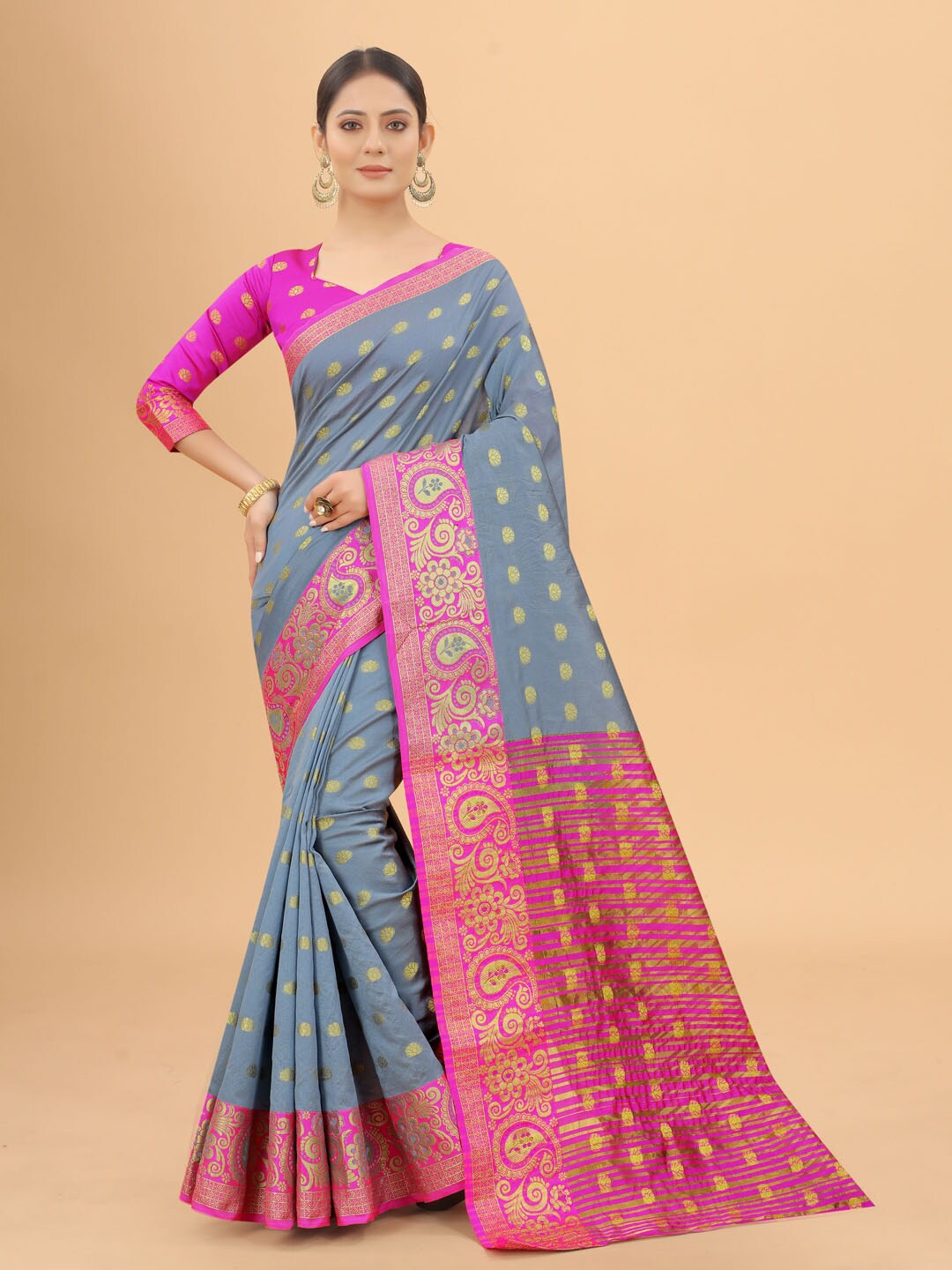 

WELL WORN Grey & Pink Woven Design Zari Silk Cotton Banarasi Saree
