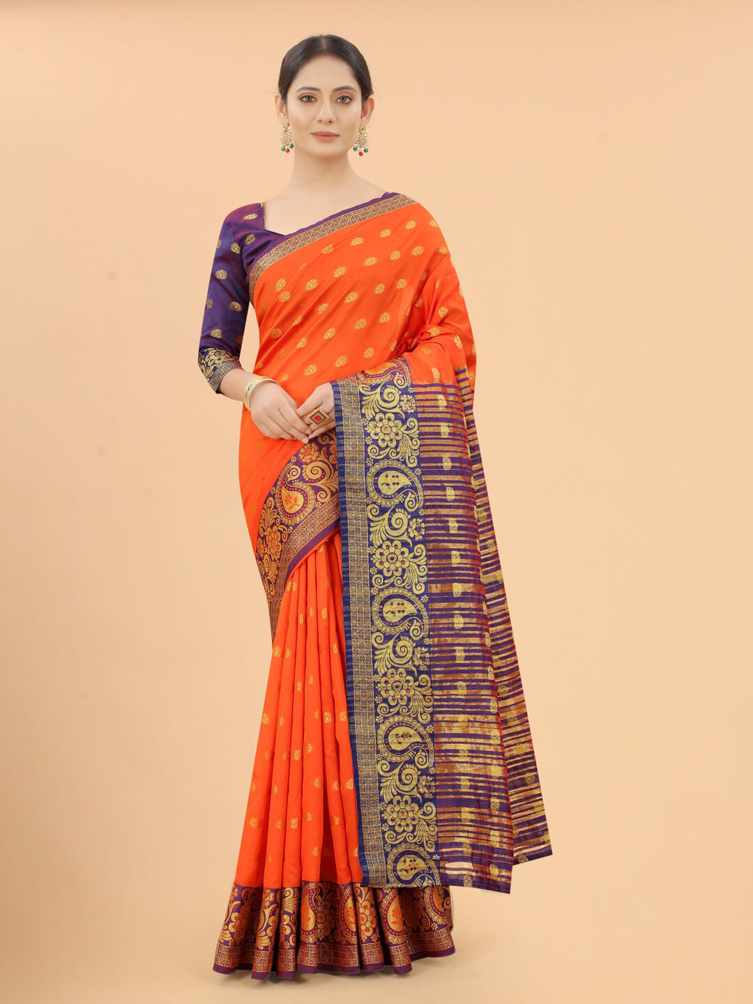 

WELL WORN Orange & Violet Woven Design Zari Silk Cotton Banarasi Saree