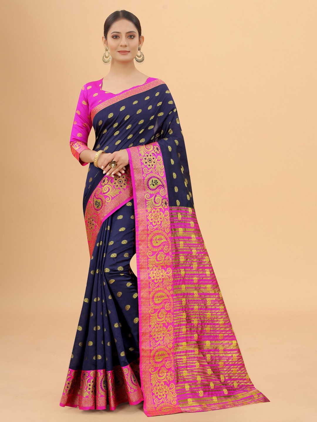 

WELL WORN Navy Blue & Pink Ethnic Motifs Zari Silk Cotton Banarasi Saree