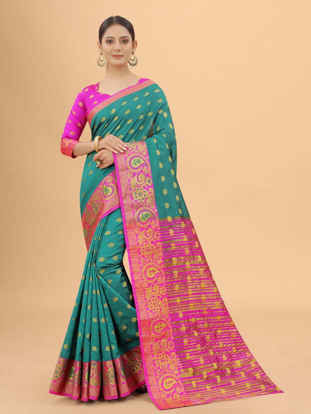 

WELL WORN Pink & Green Woven Design Zari Silk Cotton Banarasi Saree
