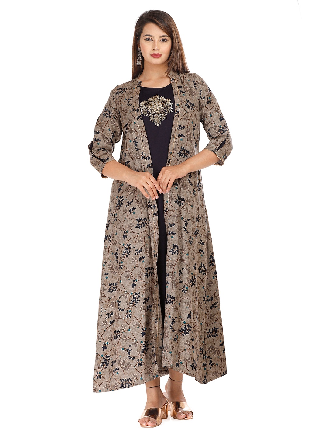 

KALINI Women Navy Blue & Beige Printed Open Front Cotton Shrug