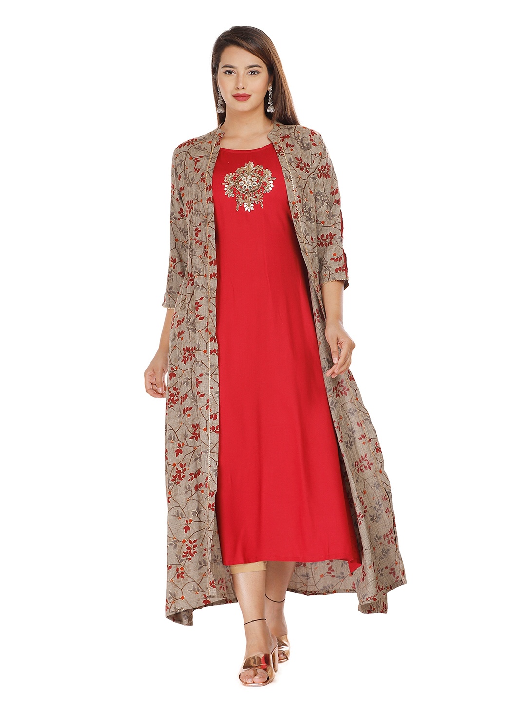 

KALINI Women Beige & Red Printed Party Embellished Shrug