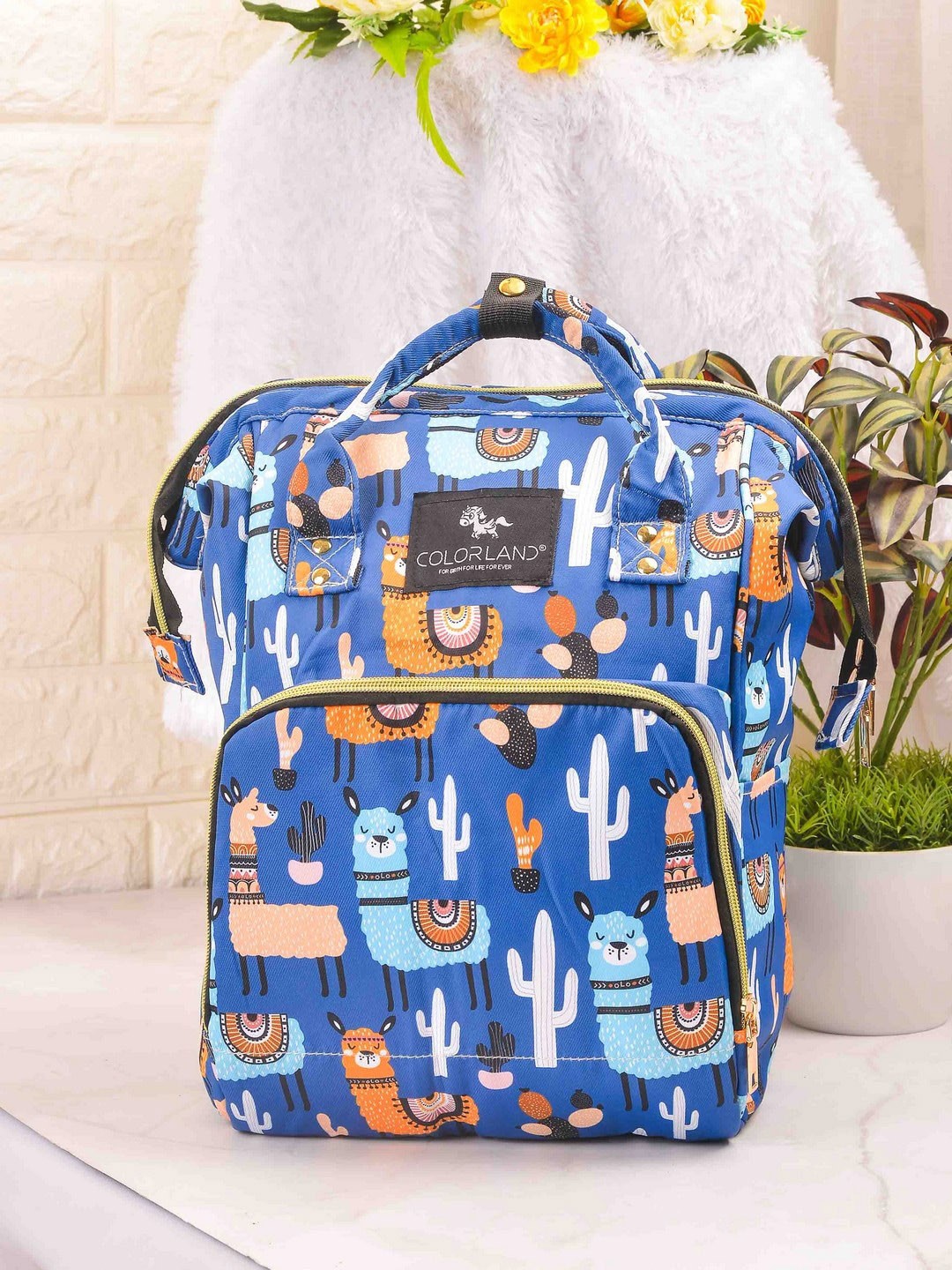 

POPLINS Women Navy Blue & Orange Printed Diaper Bags