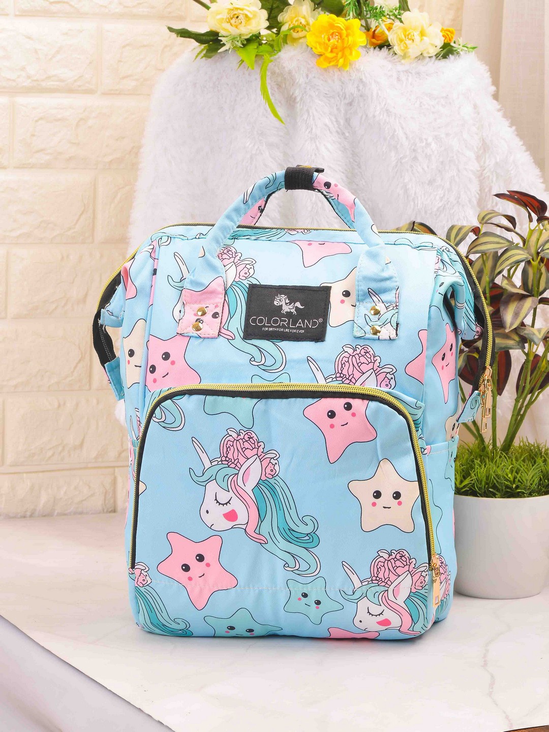 

POPLINS Blue & Pink Printed Lightweight & Water Resistant Canvas Diaper Backpack