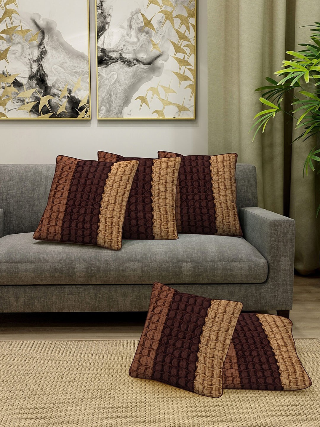 

DREAM WEAVERZ Brown & Beige Set of 5 Square Self Design Cushion Covers