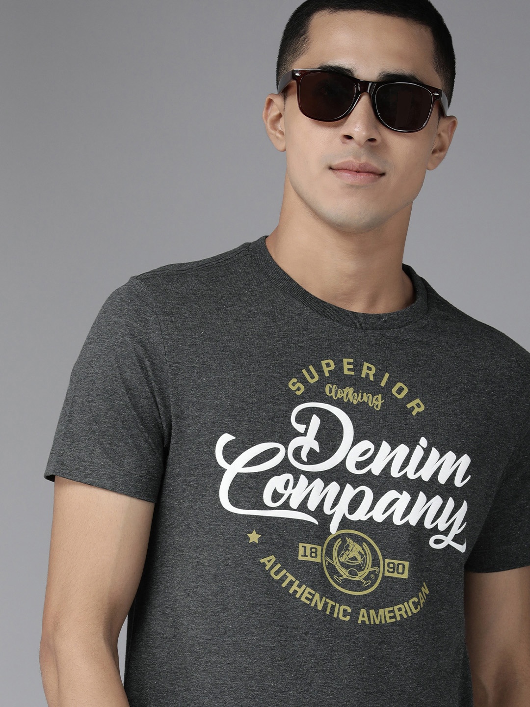 

U S Polo Assn Denim Co Men Charcoal Grey Brand Logo Printed T-shirt